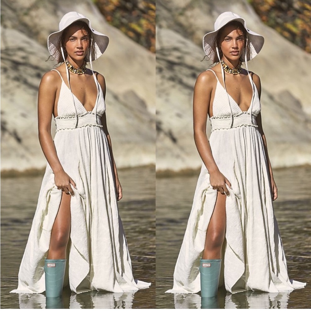 Free People Heat Haze Cream Linen Cotton Maxi Dress Size Large
